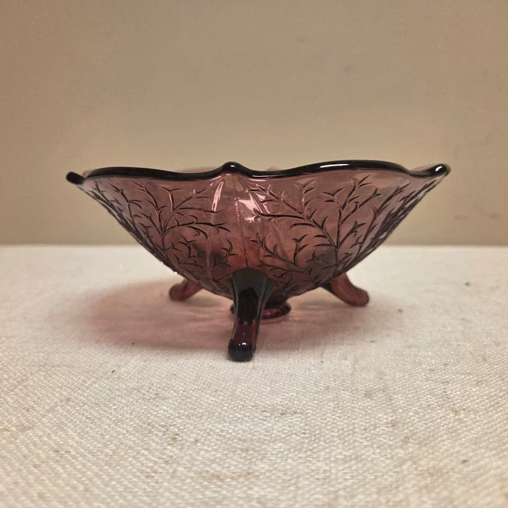 Fenton Amethyst Purple Glass Footed Nut Bowl Scalloped Etched Branch Candy Dish